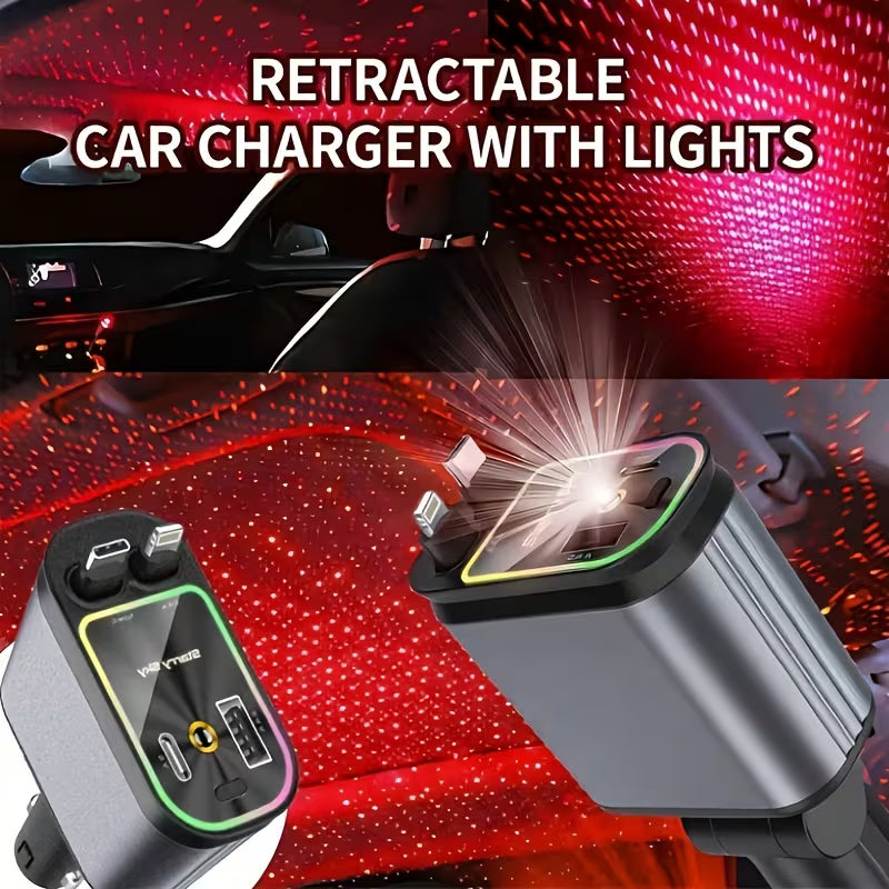 4-in-1 Starry Sky Car Charger with Ambient Projection Light | Retractable 80cm Cable, QC3.0 Fast Charging