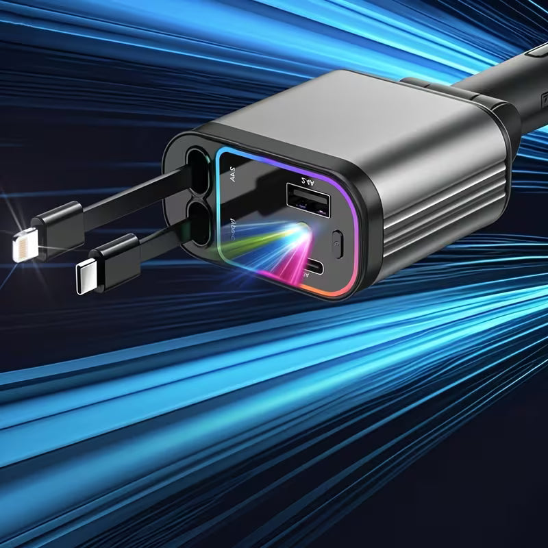 4-in-1 Starry Sky Car Charger with Ambient Projection Light | Retractable 80cm Cable, QC3.0 Fast Charging