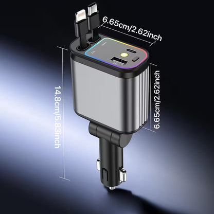 4-in-1 Starry Sky Car Charger with Ambient Projection Light | Retractable 80cm Cable, QC3.0 Fast Charging
