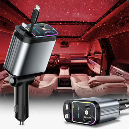 4-in-1 Starry Sky Car Charger with Ambient Projection Light | Retractable 80cm Cable, QC3.0 Fast Charging