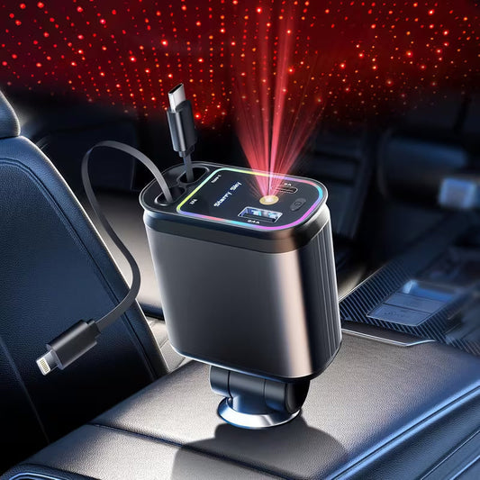 4-in-1 Starry Sky Car Charger with Ambient Projection Light | Retractable 80cm Cable, QC3.0 Fast Charging